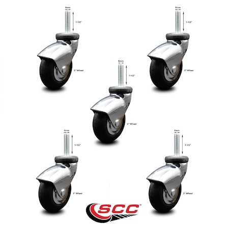 3 Inch Bright Chrome Hooded Neoprene Rubber 8mm Threaded Stem Casters SCC, 5PK